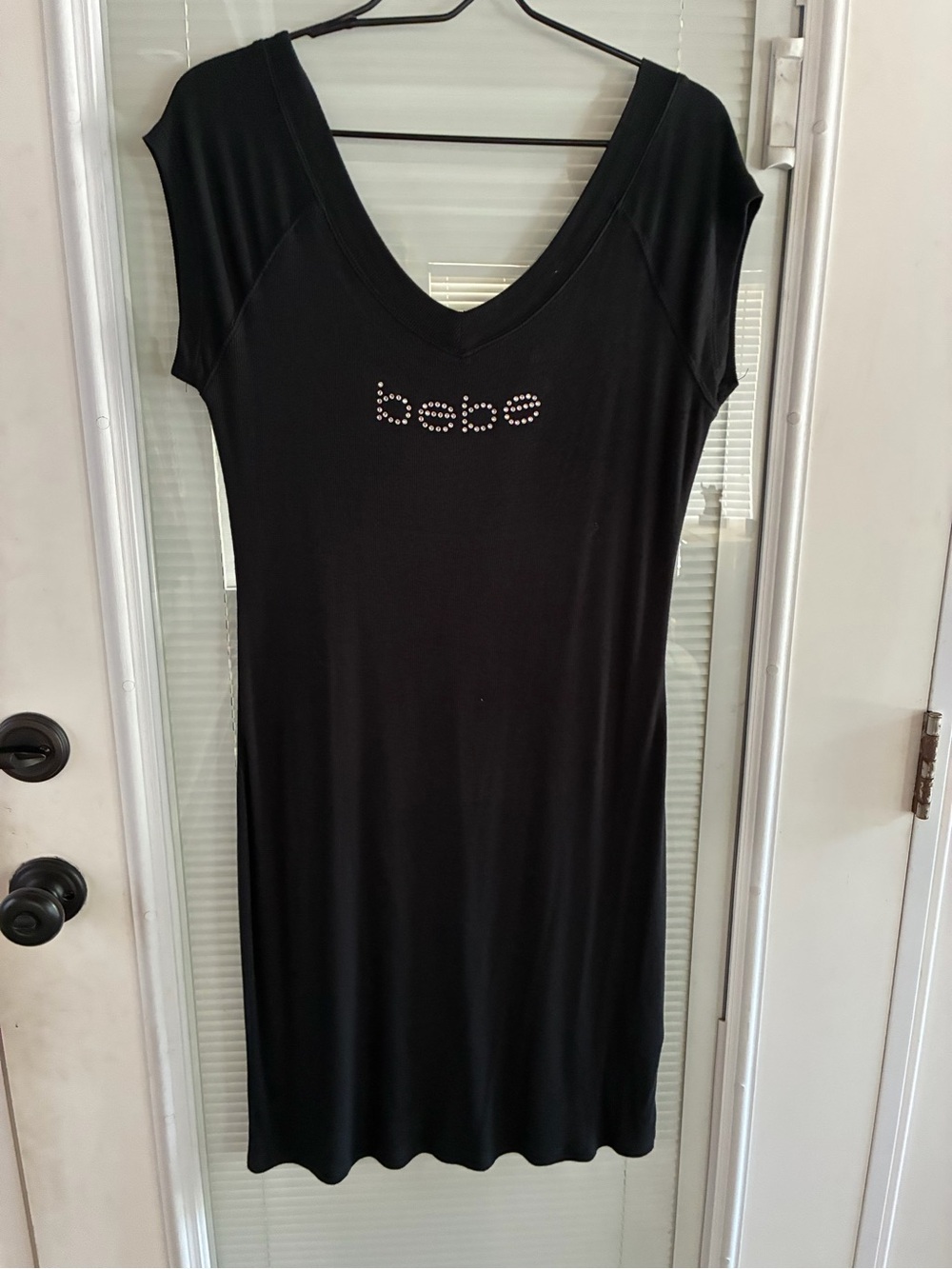 bebe Black V-Neck Dress with Rhinestone Logo